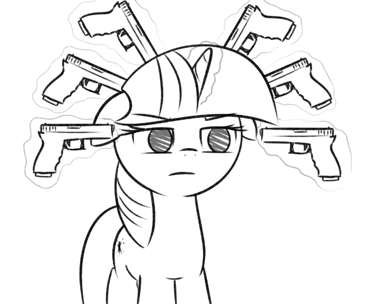 Size: 2160x1800 | Tagged: semi-grimdark, artist:thematrixman, derpibooru import, twilight sparkle, pony, unicorn, black and white, female, frown, glock, glock 17, glowing horn, grayscale, gun, handgun, horn, imminent suicide, implied suicide, levitation, lineart, magic, mare, monochrome, pistol, reaction image, simple background, solo, telekinesis, unicorn twilight, weapon, white background