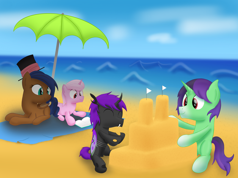 Size: 2828x2121 | Tagged: safe, artist:bladedragoon7575, derpibooru import, oc, oc:crescent star, oc:kavidun, oc:lunar orbit, oc:tinker hooves, unofficial characters only, crystal pony, pony, beach, beach blanket, book, colt, crystal unicorn, family, female, fraternal twins, group, happy, hat, lying down, male, mare, ocean, playing, reading, sand castle, sitting, smiling, stallion, top hat, twins, umbrella