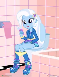 Size: 3090x4000 | Tagged: suggestive, artist:dieart77, derpibooru import, trixie, equestria girls, bath, bathroom, bathtub, but why, clothes, female, panties, panties around legs, panties pulled down, phone, potty time, skirt, solo, toilet, underwear, yellow underwear