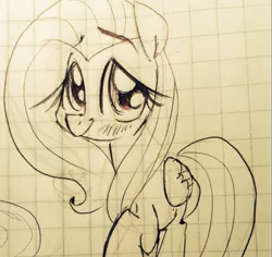 Size: 657x619 | Tagged: safe, artist:kluzart, derpibooru import, fluttershy, pegasus, pony, blushing, female, folded wings, graph paper, looking at you, mare, raised hoof, sketch, smiling, solo, three quarter view, traditional art, wings