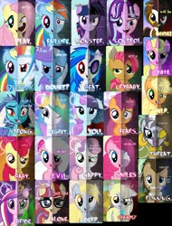 Size: 1448x1901 | Tagged: safe, artist:tehjadeh, derpibooru import, apple bloom, applejack, babs seed, derpy hooves, doctor whooves, fluttershy, pinkie pie, princess cadance, princess celestia, princess ember, rainbow dash, scootaloo, starlight glimmer, sweetie belle, time turner, trixie, twilight sparkle, vinyl scratch, zecora, oc, earth pony, pegasus, pony, unicorn, cutie mark crusaders, dark, dragon lord ember, two sided posters