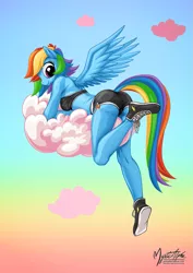 Size: 955x1351 | Tagged: anthro, artist:mysticalpha, clothes, cloud, cute, cutie mark, derpibooru import, female, legasus, looking back, mare, midriff, pegasus, plantigrade anthro, rainbow dash, safe, shoes, shorts, signature, sky, smiling, sneakers, solo, sports bra