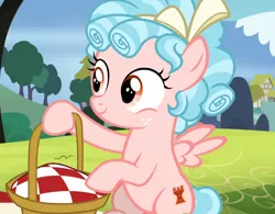 Size: 1202x938 | Tagged: safe, derpibooru import, screencap, cozy glow, pegasus, pony, marks for effort, basket, cozybetes, cropped, cute, female, filly, picnic basket, sitting, smiling