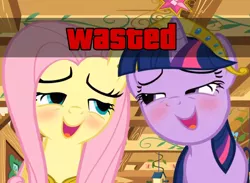 Size: 978x717 | Tagged: safe, derpibooru import, edit, edited screencap, screencap, fluttershy, twilight sparkle, pony, magical mystery cure, big crown thingy, blushing, caption, drunk, drunk twilight, drunkershy, element of magic, fluttershy's cottage, grand theft auto, gta v, image macro, jewelry, meme, regalia, text, wasted