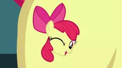 Size: 1280x720 | Tagged: apple bloom, bloom and gloom, cutie mark, derpibooru import, flank, head, one eye closed, safe, screencap, smiling, solo, wink