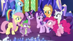 Size: 1280x720 | Tagged: safe, derpibooru import, screencap, applejack, fluttershy, pinkie pie, rainbow dash, rarity, spike, starlight glimmer, twilight sparkle, twilight sparkle (alicorn), alicorn, dragon, earth pony, pegasus, pony, unicorn, the cutie re-mark, female, flying, male, mane seven, mane six, mare, s5 starlight