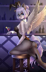 Size: 2099x3234 | Tagged: alcohol, anthro, anthro oc, artist:anxiety-chan, bar, breasts, bunny ears, bunny suit, clothes, cocktail, cocktail glass, commission, cuffs (clothes), derpibooru import, female, looking at you, mare, martini glass, oc, pegasus, solo, suggestive, unguligrade anthro, unofficial characters only, ych result
