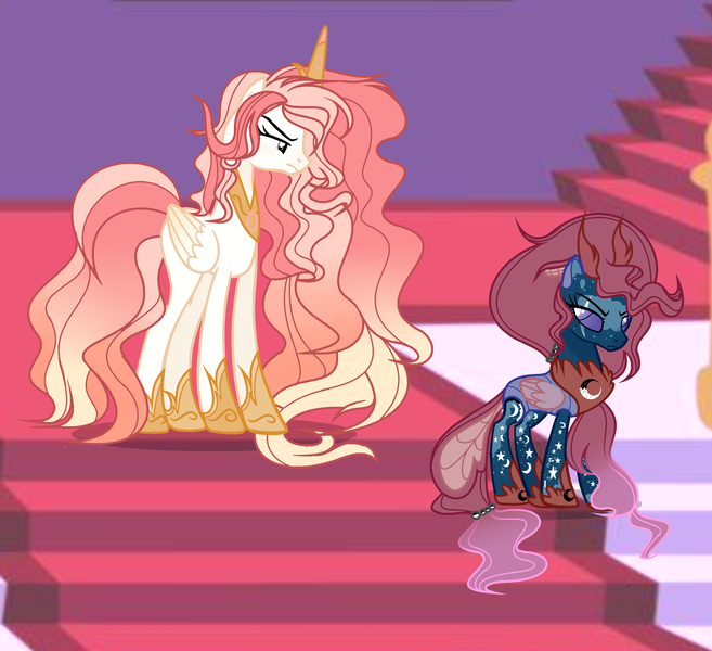 Size: 2587x2363 | Tagged: safe, artist:xxcutecookieswirlsxx, derpibooru import, oc, oc:helenrise, unofficial characters only, changepony, hybrid, pegasus, pony, cousins, crown, duo, eye scar, female, hoof shoes, jewelry, mare, offspring, parent:pharynx, parent:princess celestia, parent:princess luna, parent:star swirl the bearded, parents:celeswirl, parents:lunarynx, peytral, regalia, scar, stairs