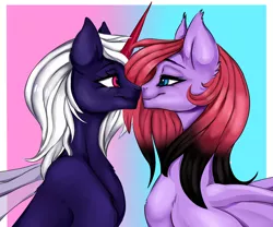Size: 3000x2500 | Tagged: safe, artist:athenawhite, derpibooru import, oc, oc:chiarezza, oc:rosachara, unofficial characters only, bat pony, pony, bat pony oc, bat wings, bedroom eyes, boop, commission, female, imminent kissing, imminent mlems, lesbian, looking at each other, mare, missing accessory, noseboop, not an alicorn, nuzzling, oc x oc, prosthetic horn, prosthetics, shipping, transparent wings, wings, ych result