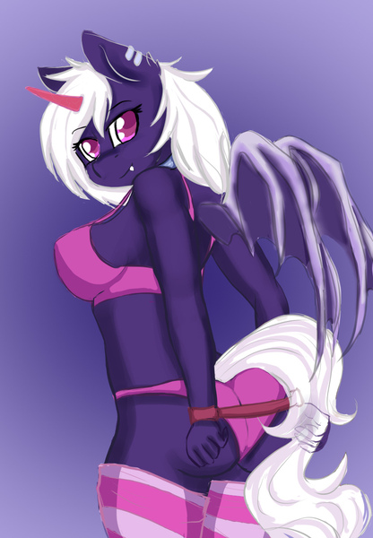 Size: 800x1155 | Tagged: questionable, artist:jerraldina, derpibooru import, oc, oc:chiarezza, unofficial characters only, anthro, bat pony, plantigrade anthro, ass, bat pony oc, bat wings, bedroom eyes, bondage, bondage cuffs, bondage gear, bra, breasts, butt, cheeky panties, clothes, commission, cuffs, ear piercing, fangs, female, hands behind back, jewelry, looking at you, looking over shoulder, mare, not an alicorn, panties, pendant, piercing, pink underwear, prosthetic horn, prosthetics, sexy, socks, solo, solo female, spreader bar, striped socks, thigh highs, thighs, tied up, underwear, wings, ych result