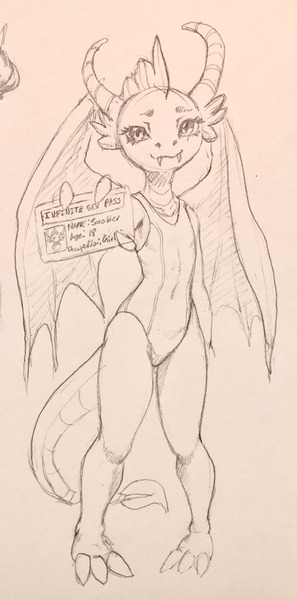Size: 634x1280 | Tagged: anthro, artist:kelpiemoonknives, clothes, cute, cute little fangs, derpibooru import, dragon, dragoness, fangs, female, looking at you, monochrome, one-piece swimsuit, smolder, smolderbetes, solo, suggestive, swimsuit, traditional art
