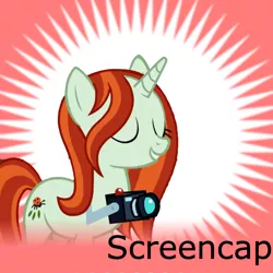 Size: 1024x1024 | Tagged: safe, derpibooru import, edit, edited screencap, screencap, crackle cosette, queen chrysalis, pony, unicorn, derpibooru, season 8, the mean 6, spoiler:s08, camera, disguise, disguised changeling, female, mare, meta, photographer, solo, spoilered image joke