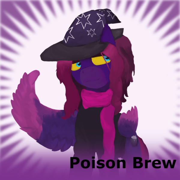 Size: 1024x1024 | Tagged: safe, artist:sapphmod, derpibooru import, oc, oc:poison brew, unofficial characters only, pegasus, pony, derpibooru, art trade, clothes, colored hooves, female, hat, mare, meta, official spoiler image, scarf, simple background, solo, spoilered image joke, wings, witch hat, yellow eyes