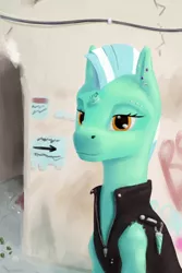 Size: 1158x1732 | Tagged: safe, artist:aterhut, derpibooru import, lyra heartstrings, pony, unicorn, alternate hairstyle, broken horn, clothes, ear piercing, earring, eyebrow piercing, horn, jacket, jewelry, mohawk, piercing, solo