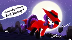 Size: 1600x900 | Tagged: safe, artist:dan232323, derpibooru import, rarity, pony, carmen sandiego, clothes, female, hat, looking back, mare, moon, one eye closed, smiling, solo, wink