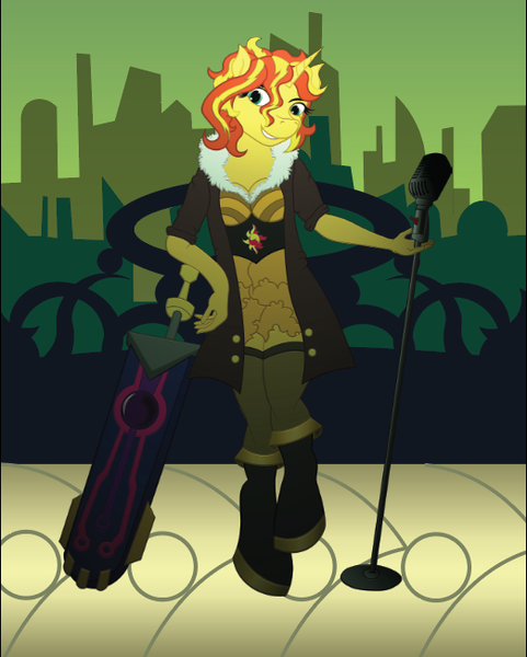 Size: 522x651 | Tagged: anthro, artist:nightveil, artist:nightveilnocturne, clothes, derpibooru import, microphone, safe, sunset shimmer, sword, transistor, transistor game, twilight sparkle, unguligrade anthro, weapon