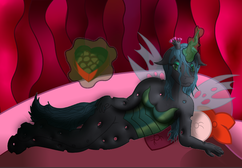 Size: 786x545 | Tagged: anthro, artist:nightveil, artist:nightveilnocturne, bedroom eyes, breasts, changeling, derpibooru import, holiday, queen chrysalis, side, suggestive, unguligrade anthro, valentine, valentine's day