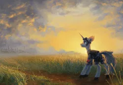 Size: 3293x2270 | Tagged: safe, artist:koviry, derpibooru import, oc, oc:flint, pony, unicorn, city, clothes, field, goggles, looking away, outdoors, scenery, sky, solo, sunrise, three quarter view, uniform