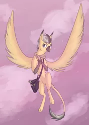 Size: 2200x3100 | Tagged: safe, artist:phi, derpibooru import, oc, oc:geo simonsberg, unofficial characters only, gryphon, snake, bag, griffonized, solo, species swap