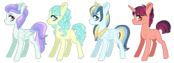 Size: 1195x433 | Tagged: safe, artist:whalepornoz, derpibooru import, oc, oc:cinnamon spark, oc:diamond rhapsody, oc:evening blitz, oc:sunrise sky, unofficial characters only, earth pony, pegasus, pony, unicorn, adoptable, blank flank, colored hooves, colored wings, colored wingtips, crack ship offspring, crown, ear piercing, earring, female, filly, freckles, jewelry, magical lesbian spawn, offspring, parent:big macintosh, parent:coco pommel, parent:coloratura, parent:flash sentry, parent:lightning dust, parent:rarity, parent:twilight sparkle, parents:cocoratura, parents:flashlight, parents:raridust, parents:twimac, piercing, regalia, side view, simple background, transparent background, wings