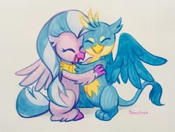 Size: 2048x1536 | Tagged: safe, artist:dawnfire, derpibooru import, gallus, silverstream, classical hippogriff, gryphon, hippogriff, :>, :i, claws, cute, diastreamies, eyes closed, female, gallabetes, gallstream, happy, heart, hug, leg fluff, male, open mouth, shipping, simple background, smiling, spread wings, straight, traditional art, unshorn fetlocks, white background, wings