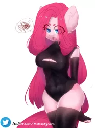 Size: 912x1226 | Tagged: suggestive, artist:mimicry, derpibooru import, pinkie pie, anthro, earth pony, blushing, boob window, breasts, clothes, commission, evening gloves, female, fingerless elbow gloves, fingerless gloves, gloves, latex, leotard, long gloves, open mouth, pinkamena diane pie, simple background, socks, solo, solo female, thigh highs, white background, ych result