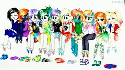 Size: 4128x2322 | Tagged: safe, artist:liaaqila, derpibooru import, oc, oc:barbat gordon, oc:cross-hit, oc:har-harley queen, oc:jade rivers, oc:kara krypta, oc:maxie (ice1517), oc:pastel chole, oc:poison ivy (ice1517), oc:rainbow screech, oc:sugarfang, unofficial characters only, icey-verse, equestria girls, barefoot, batgirl, batman, boots, bracelet, cape, choker, clothes, commission, converse, cute, dc comics, equestria girls-ified, eyes closed, eyeshadow, fangs, feather, feet, female, fetish, foot fetish, gloves, hairpin, hand on head, hand over mouth, harley quinn, heterochromia, high heels, hoodie, jeans, jewelry, kimono (clothing), laughing, leggings, magical lesbian spawn, makeup, multicolored hair, next generation, ocbetes, offspring, open mouth, pants, parent:evil pie hater dash, parent:flutterbat, parent:fluttershy, parent:rainbow dash, parents:flutterdash, parents:piehaterbat, pigtails, poison ivy, rainbow hair, raised eyebrow, sandals, shirt, shoes, shorts, siblings, signature, simple background, sisters, skirt, sneakers, supergirl, t-shirt, tattoo, tickle torture, tickling, torn clothes, traditional art, unamused, wall of tags, white background, wristband