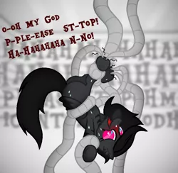 Size: 752x734 | Tagged: suggestive, artist:angelofthewisp, derpibooru import, oc, oc:dark blaze, unofficial characters only, pegasus, pony, vampire, bdsm, blank flank, blushing, bondage, erotic tickling, female, femsub, fetish, hoof fetish, hoof tickling, mare, markings, open mouth, solo, solo female, submissive, sweat, tickle fetish, tickle torture, tickling, tickling machine