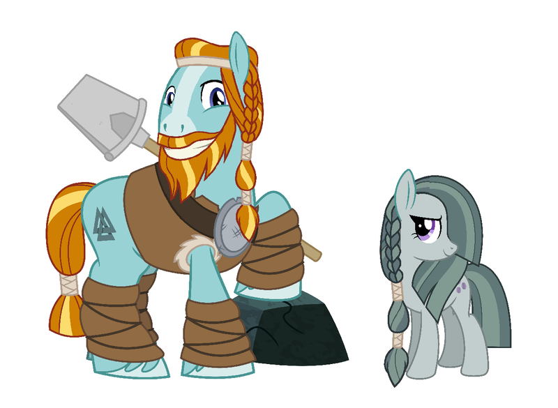 Size: 1320x966 | Tagged: safe, derpibooru import, edit, editor:proto29, marble pie, rockhoof, earth pony, pony, alternate hairstyle, beard, braid, clothes, eye contact, facial hair, female, grin, lidded eyes, looking at each other, male, marblehoof, mare, moustache, raised hoof, rock, shipping, shovel, simple background, size difference, smiling, smirk, stallion, straight, unshorn fetlocks, white background