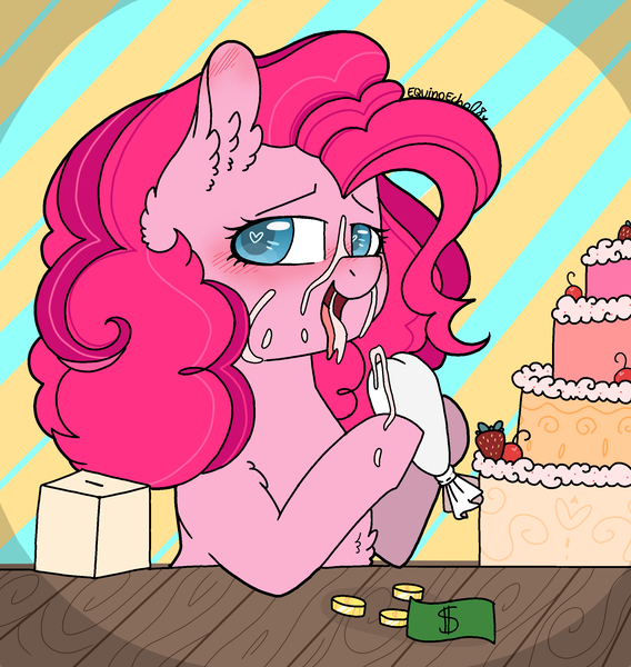 Size: 2176x2298 | Tagged: suggestive, artist:myfantasy08, derpibooru import, pinkie pie, earth pony, pony, ahegao, arm fluff, baking, baking cake, bedroom eyes, bits, blushing, cake, cherry, chest fluff, donation box, ear fluff, eating, eyelashes, female, food, frosting, heart eyes, icing bag, looking at you, mare, messy eating, misleading thumbnail, money, multicolored background, multicolored mane, open mouth, sexy face, strawberry, strawberry cake, suggestive eating, table, tasty, tongue out, wingding eyes