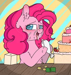 Size: 2176x2298 | Tagged: suggestive, artist:myfantasy08, derpibooru import, pinkie pie, earth pony, pony, ahegao, arm fluff, baking, baking cake, bedroom eyes, bits, blushing, cake, cherry, chest fluff, donation box, ear fluff, eating, eyelashes, female, food, frosting, heart eyes, icing bag, looking at you, mare, messy eating, misleading thumbnail, money, multicolored background, multicolored mane, open mouth, sexy face, strawberry, strawberry cake, suggestive eating, table, tasty, tongue out, wingding eyes