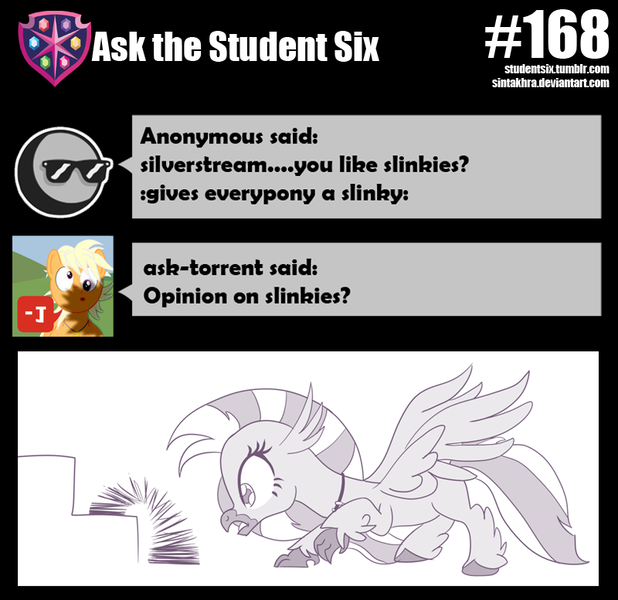 Size: 800x777 | Tagged: artist:sintakhra, classical hippogriff, cute, derpibooru import, diastreamies, female, grayscale, hippogriff, hypnosis, hypnotized, monochrome, safe, silverstream, slinky, solo, stairs, tumblr:studentsix