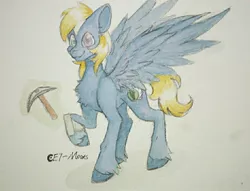 Size: 942x720 | Tagged: safe, artist:et-moons, derpibooru import, oc, oc:enderby, unofficial characters only, pony, commission, minecraft, pickaxe, solo, traditional art