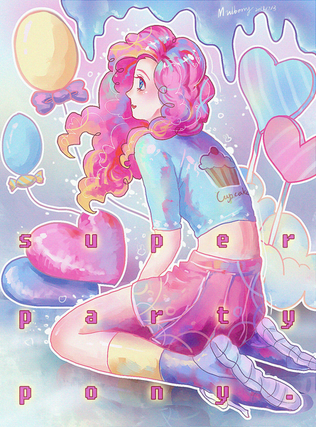 Size: 1200x1617 | Tagged: safe, artist:mulberry, derpibooru import, pinkie pie, equestria girls, balloon, beautiful, clothes, female, midriff, miniskirt, pleated skirt, shirt, shoes, short shirt, skirt, socks, solo