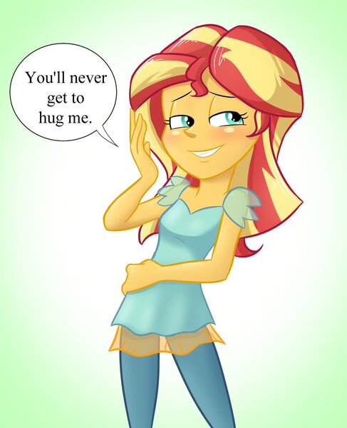 Size: 892x1100 | Tagged: safe, artist:lordfunkyfist, derpibooru import, sunset shimmer, equestria girls, anti-bronybait, captain obvious, image, jpeg, shut up, simple background, smiling, solo, talking to viewer, truth, we know, your waifu will never love you