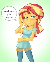 Size: 892x1100 | Tagged: safe, artist:lordfunkyfist, derpibooru import, sunset shimmer, equestria girls, anti-bronybait, captain obvious, image, jpeg, shut up, simple background, smiling, solo, talking to viewer, truth, we know, your waifu will never love you