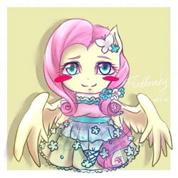 Size: 1000x1000 | Tagged: safe, artist:roya, derpibooru import, fluttershy, anthro, ambiguous facial structure, blushing, blush sticker, clothes, cute, dress, flower, flower in hair, pixiv, shyabetes, solo, starry eyes, wingding eyes