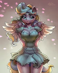 Size: 1554x1947 | Tagged: anthro, artist:holivi, backlighting, big breasts, breasts, busty vapor trail, cleavage, clothes, derpibooru import, female, flower petals, hands behind back, huge breasts, impossibly thin waist, lidded eyes, pegasus, safe, solo, thigh gap, thighs, vapor trail, who needs an entire pelvis anyway, wide hips