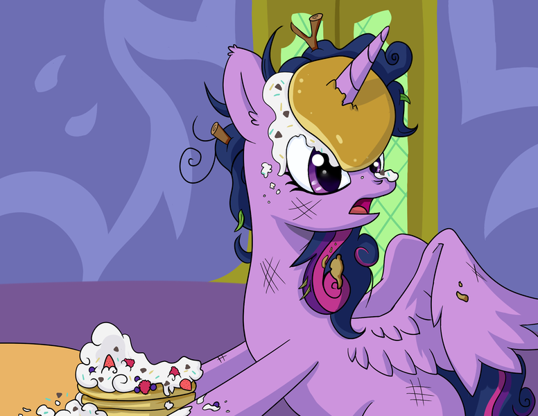 Size: 2200x1700 | Tagged: safe, artist:misterph0enix, derpibooru import, twilight sparkle, twilight sparkle (alicorn), alicorn, pony, castle sweet castle, blueberry, cute, female, food, i'm pancake, mare, messy mane, open mouth, pancakes, scene interpretation, solo, strawberry, twiabetes, whipped cream