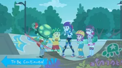 Size: 1407x789 | Tagged: safe, derpibooru import, edit, edited screencap, screencap, gallop j. fry, lily longsocks, little red, rainbow dash, super funk, tank, equestria girls, equestria girls series, sic skateboard, spoiler:eqg series (season 2), background human, clothes, converse, helmet, jojo's bizarre adventure, shoes, skateboard, sneakers, to be continued, to be continued (meme), written equestrian