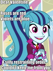 Size: 748x998 | Tagged: safe, derpibooru import, edit, edited screencap, screencap, sonata dusk, equestria girls, rainbow rocks, adoracreepy, bracelet, caption, creepy, cropped, cute, female, gem, holiday, image macro, meme, overly attached girlfriend, poem, restraining order, siren gem, smiling, solo, sonatabetes, spiked wristband, text, text edit, valentine, valentine's day, wristband, yandere