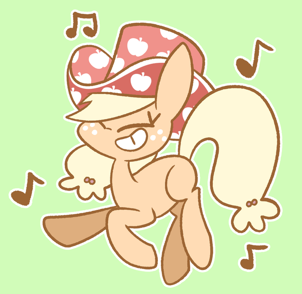 Size: 1056x1029 | Tagged: safe, artist:typhwosion, derpibooru import, applejack, pony, apple hat, applehat, applejack's hat, cowboy hat, cute, eyes closed, green background, grin, grinding, hat, jackabetes, missing cutie mark, music notes, simple background, smiling, solo