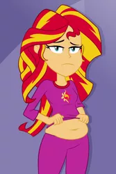 Size: 800x1200 | Tagged: suggestive, artist:scobionicle99, derpibooru import, sunset shimmer, equestria girls, belly button, breasts, chubby, chubby shimmer, clothes, female, plump, shirt, shirt lift, solo, solo female, sunset shimmer is not amused, unamused
