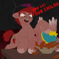 Size: 2400x2400 | Tagged: semi-grimdark, artist:visionarybuffoon, derpibooru import, ponified, earth pony, pegasus, pony, cannibalism, chili, crossover, eric cartman, force feeding, pony eating meat, scott tenorman, south park