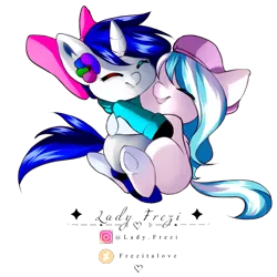 Size: 4000x4000 | Tagged: safe, artist:ladyfrezi, derpibooru import, oc, oc:foxyhollows, oc:midnight sapphire, unofficial characters only, pony, unicorn, bow, eyes closed, hair bow, heterochromia, hug, simple background, transparent background