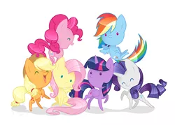 Size: 800x572 | Tagged: safe, artist:featherpaw14, derpibooru import, applejack, fluttershy, pinkie pie, rainbow dash, rarity, twilight sparkle, twilight sparkle (alicorn), alicorn, earth pony, pegasus, pony, unicorn, chibi, cute, dashabetes, diapinkes, dot eyes, eyes closed, jackabetes, mane six, open mouth, raribetes, shyabetes, simple background, twiabetes, white background