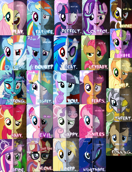 Size: 1446x1885 | Tagged: safe, artist:tehjadeh, derpibooru import, apple bloom, applejack, babs seed, derpy hooves, doctor whooves, fluttershy, moondancer, nightmare moon, pinkie pie, princess cadance, princess celestia, princess ember, princess luna, queen chrysalis, rainbow dash, scootaloo, starlight glimmer, sweetie belle, time turner, trixie, twilight sparkle, vinyl scratch, zecora, oc, alicorn, crystal pony, earth pony, pegasus, pony, unicorn, cape, clothes, cutie mark crusaders, disguise, disguised changeling, doctor who, dragon lord ember, fake cadance, hat, pinkamena diane pie, sonic screwdriver, split screen, super rainbow dash, trixie's cape, trixie's hat, twilight snapple, two sided posters, was there ever any doubt?, you're going to love me