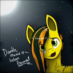 Size: 395x399 | Tagged: safe, artist:dave_sherk, derpibooru import, oc, oc:lucky silverhoof, unofficial characters only, pegasus, pony, birthday, bust, cute, exclamation point, german, green eyes, heart, looking at you, male, moon, night, open mouth, portrait, smiling, solo, stallion, stars, two colour hair