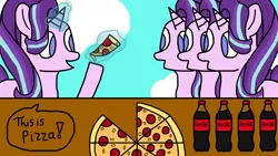 Size: 1366x768 | Tagged: safe, artist:raulixevergreen, derpibooru import, starlight glimmer, unicorn, clones, cloning, coca-cola, cute, day, female, food, funny, magic, meat, pepperoni, pepperoni pizza, pizza, text