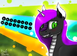 Size: 4327x3137 | Tagged: safe, artist:dave_sherk, derpibooru import, oc, oc:unsolved mystery, unofficial characters only, pony, unicorn, abstract background, birthday gift, blushing, bust, commission, female, green eyes, image, looking at you, png, portrait, smiling, solo, text